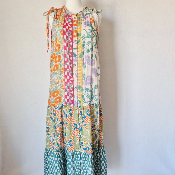 Ellen Merchant x Anthropologie Mixed Print Button Down Maxi Dress Sleeveless - Picture 2 of 14